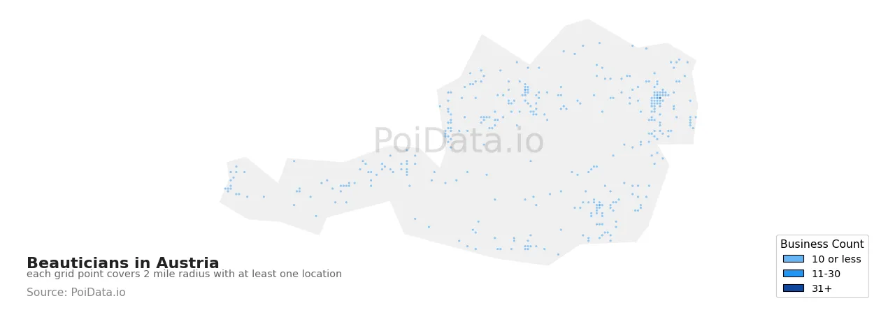 Beautician density map for Austria