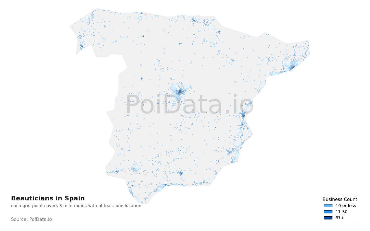 Beautician density map for Spain