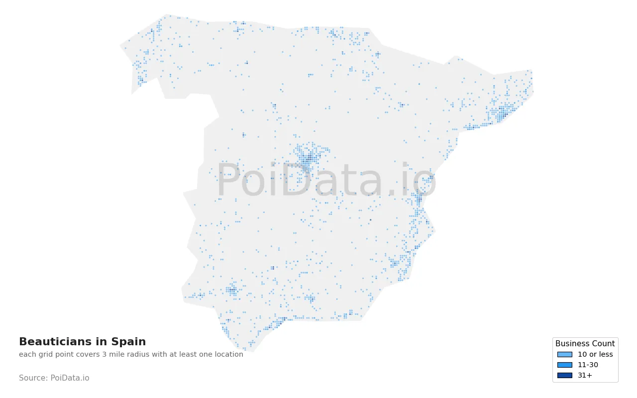 Beautician density map for Spain