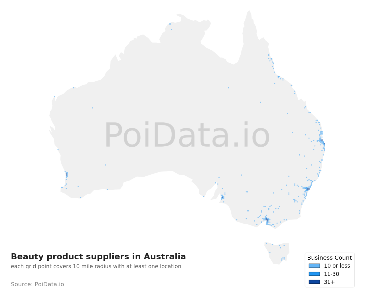 Beauty product supplier density map for Australia