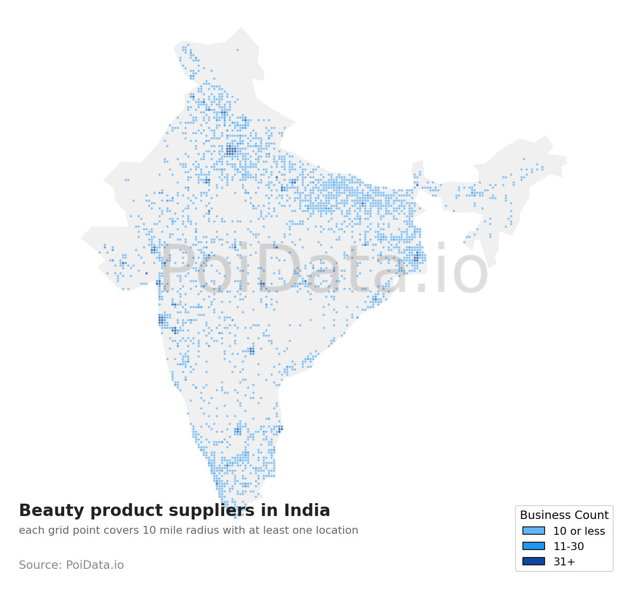 Beauty product supplier density map for India
