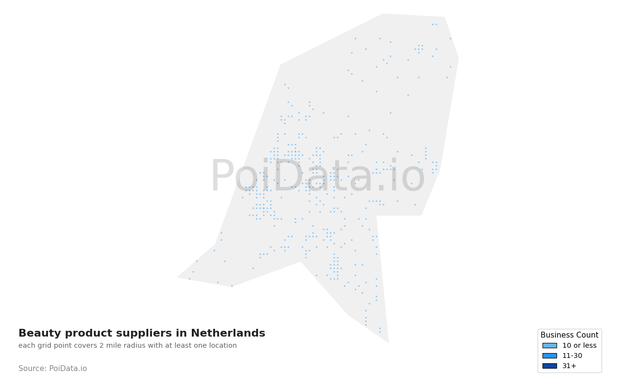 Beauty product supplier density map for Netherlands