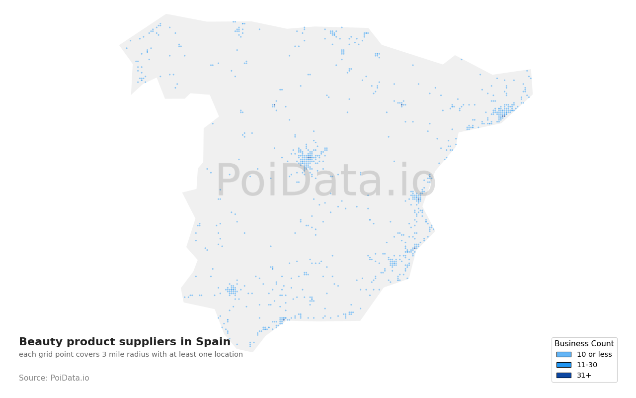 Beauty product supplier density map for Spain