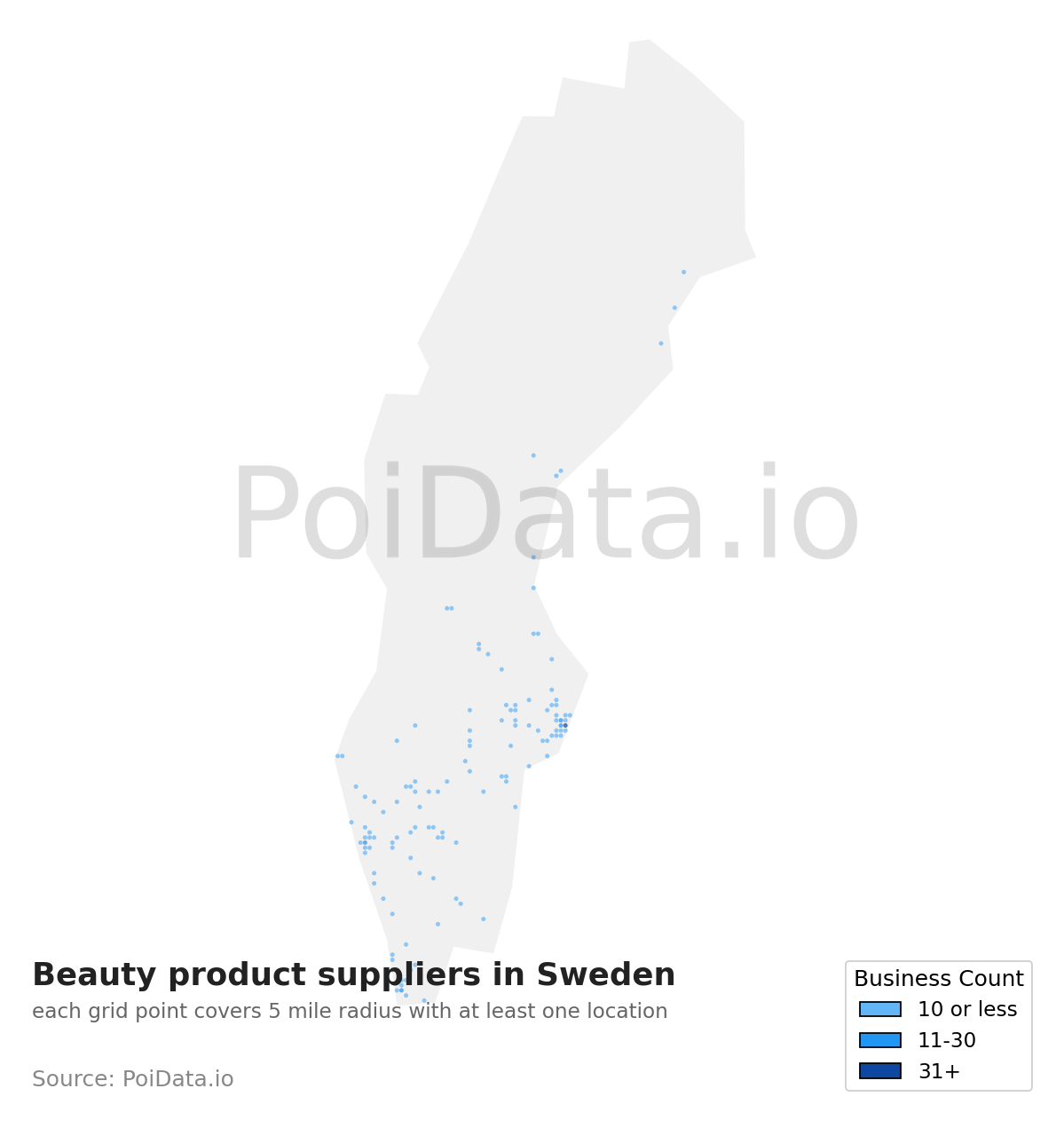 Beauty product supplier density map for Sweden