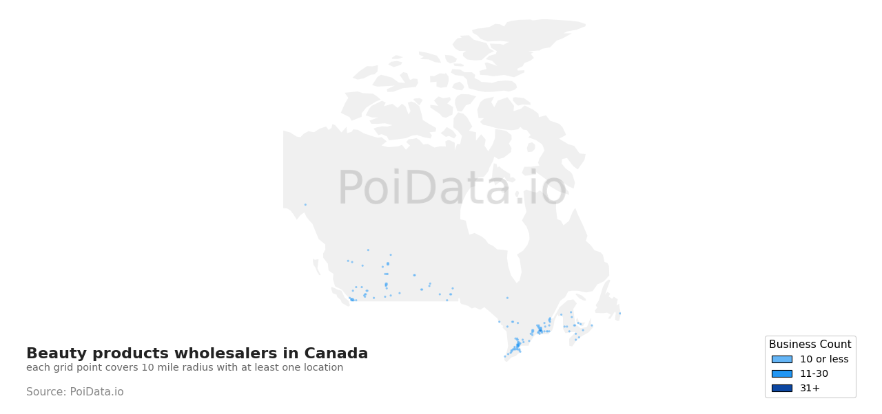 Beauty products wholesaler density map for Canada