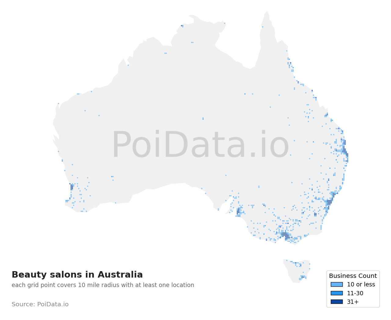 Beauty salon density map for Australia