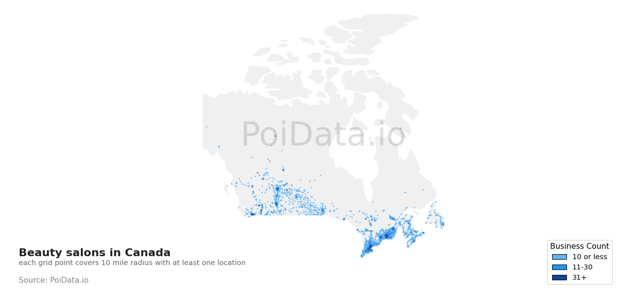 Beauty salon density map for Canada