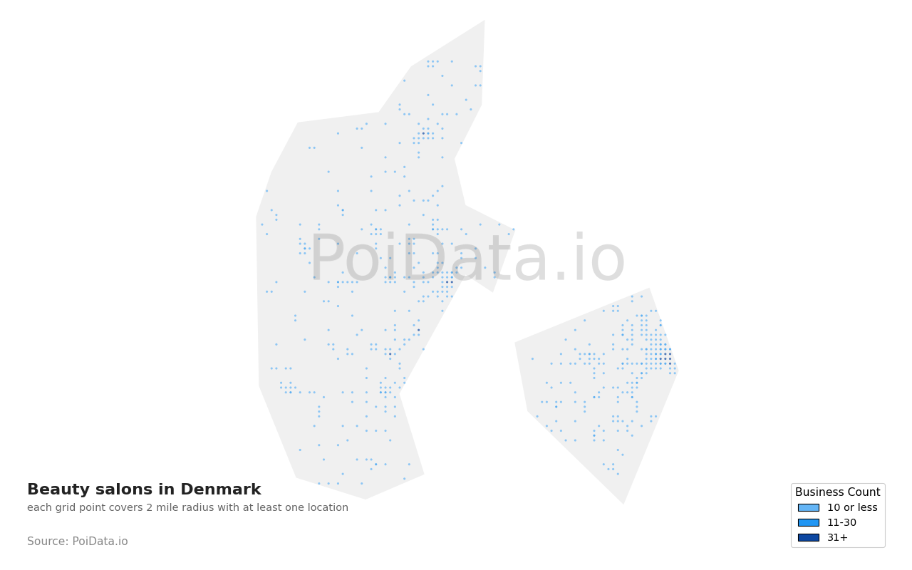 Beauty salon density map for Denmark