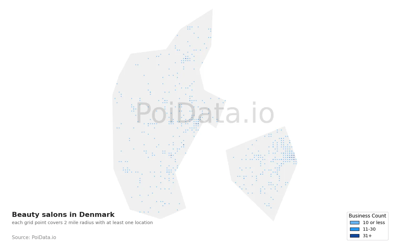 Beauty salon density map for Denmark