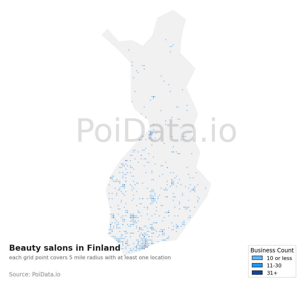 Beauty salon density map for Finland