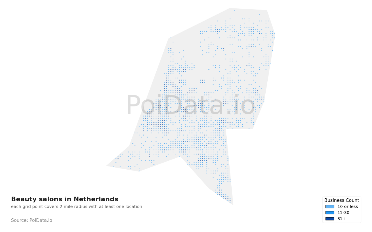 Beauty salon density map for Netherlands
