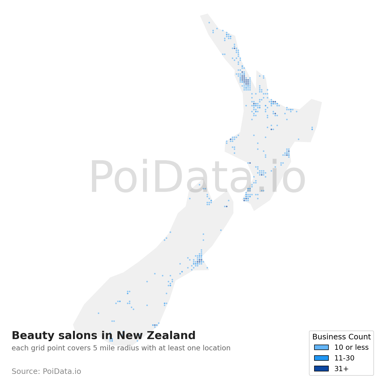 Beauty salon density map for New Zealand