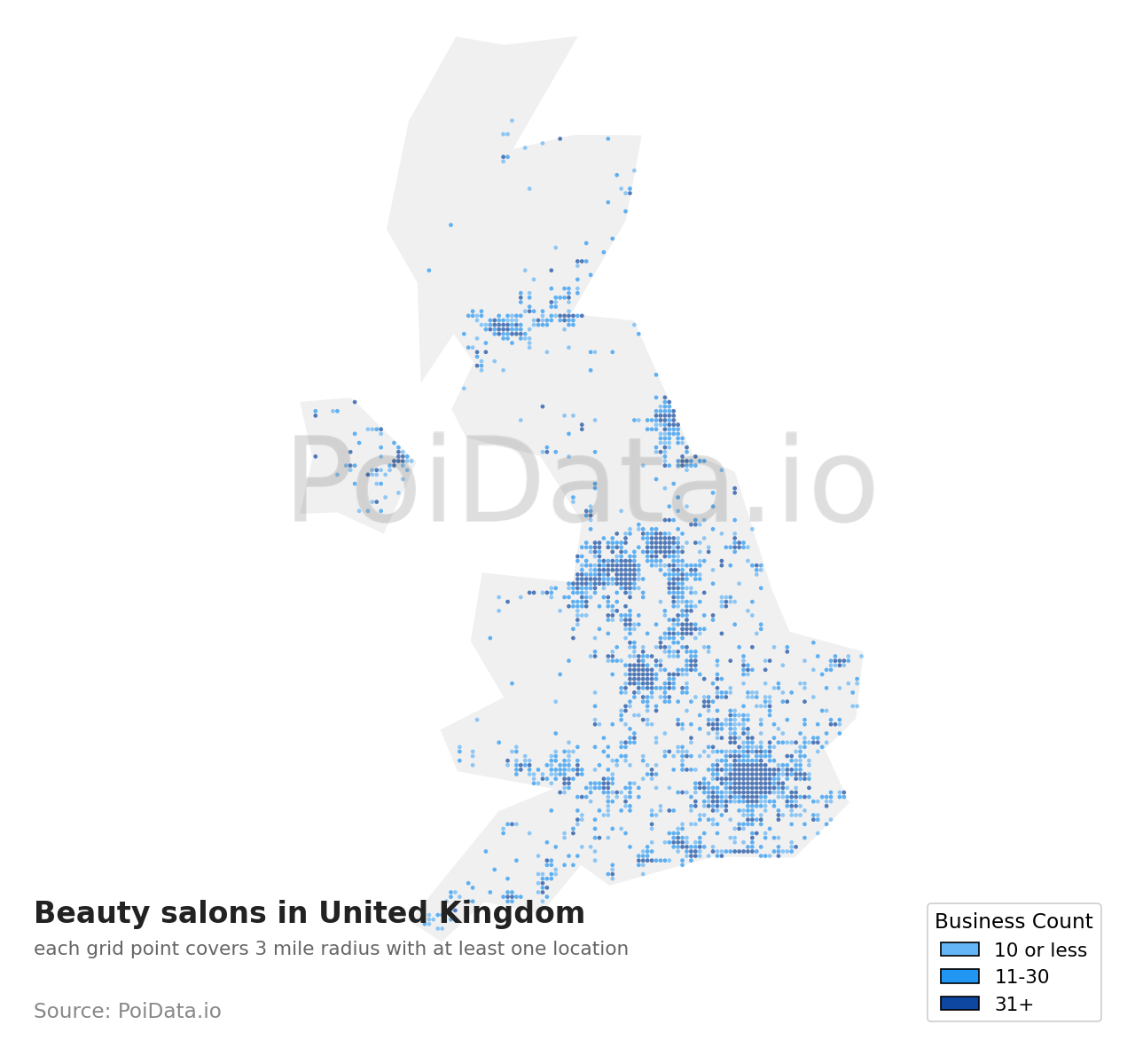 Beauty salon density map for United Kingdom