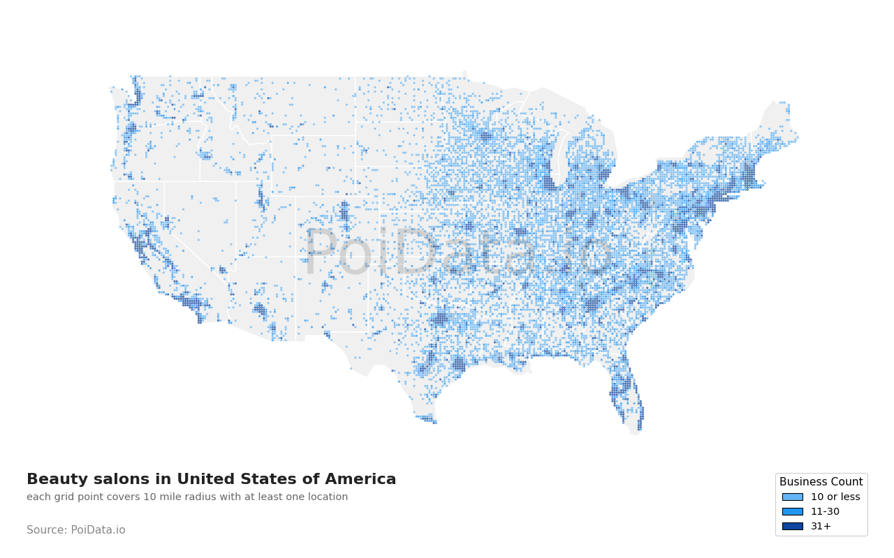 Beauty salon density map for United States