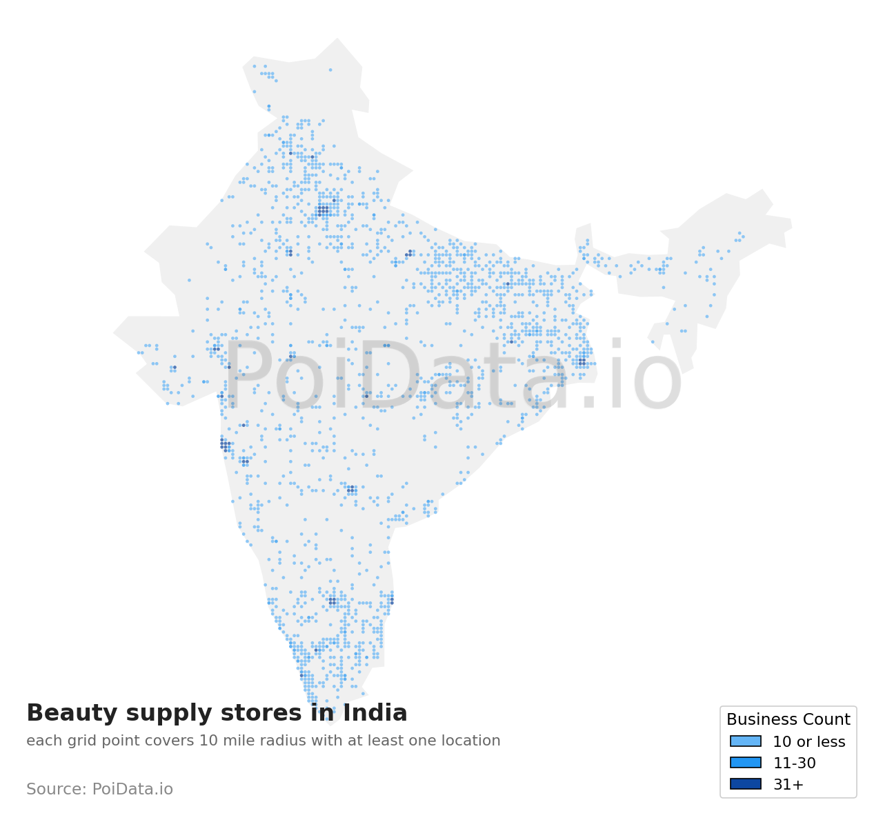 Beauty supply store density map for India