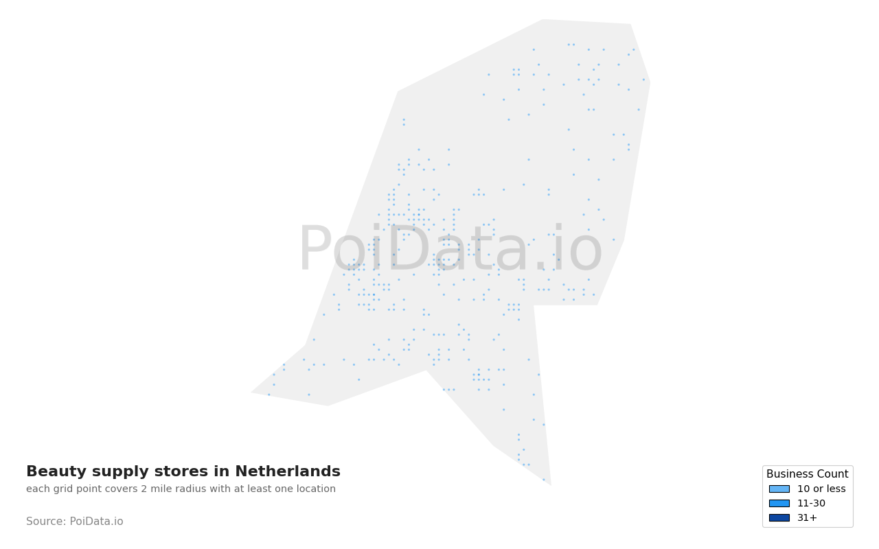 Beauty supply store density map for Netherlands