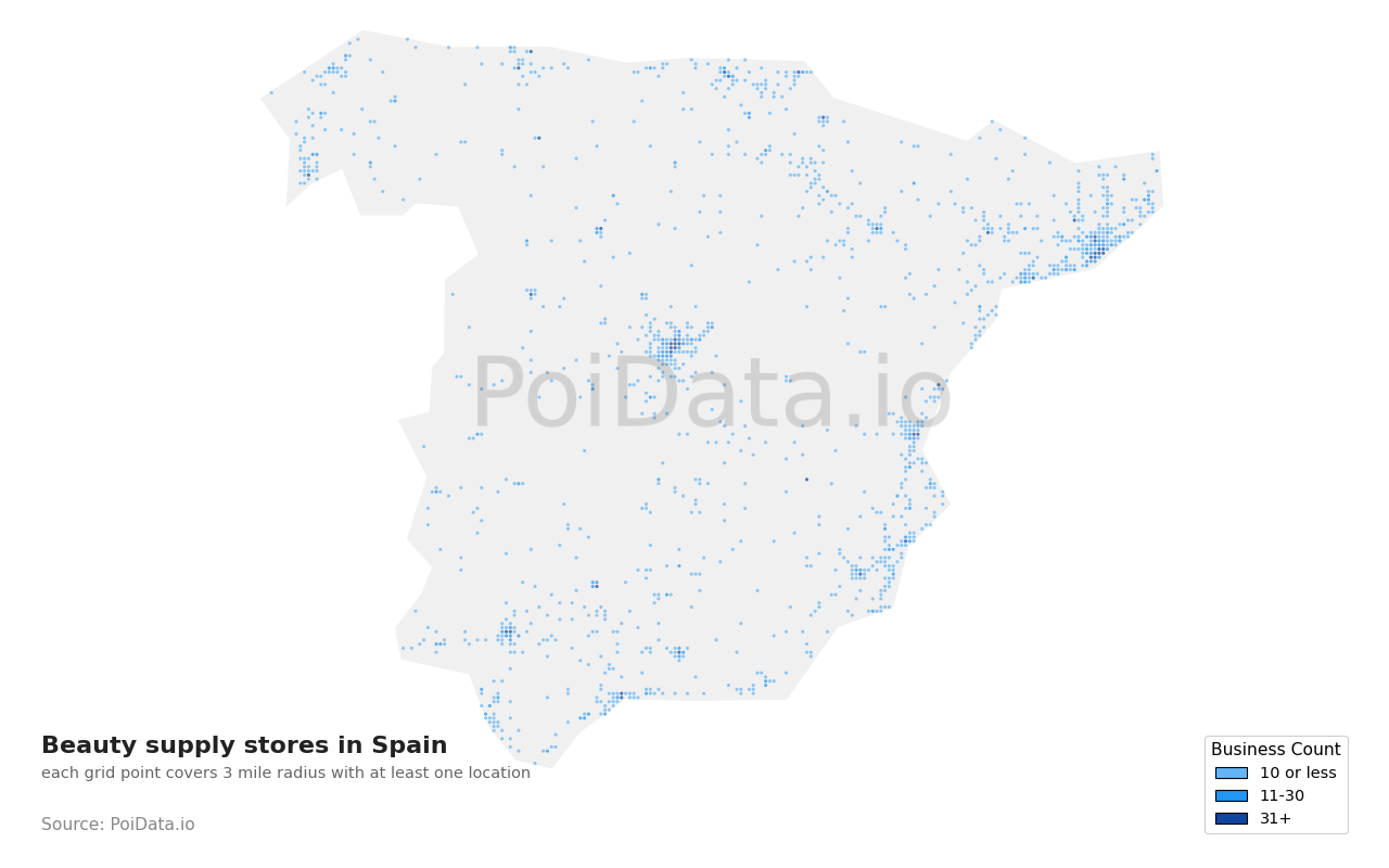 Beauty supply store density map for Spain