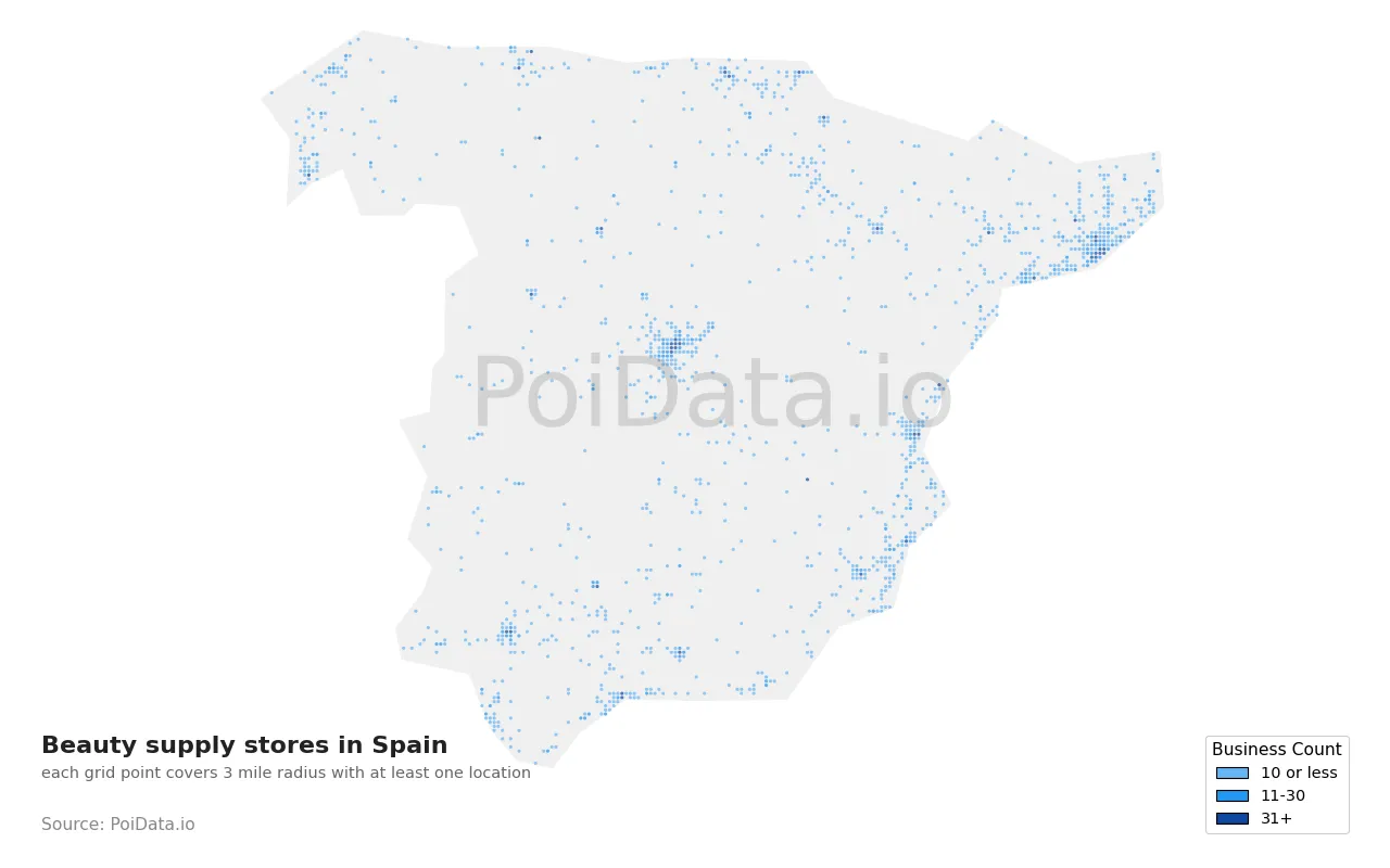 Beauty supply store density map for Spain