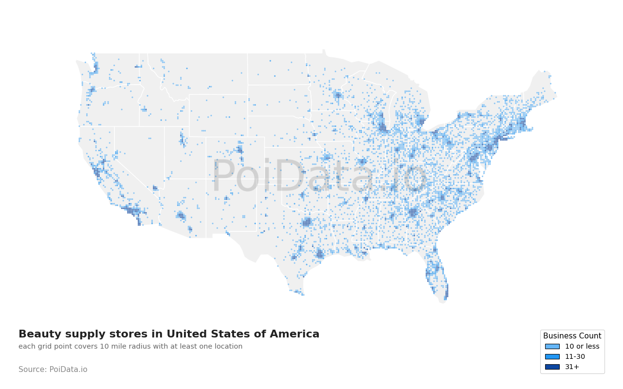 Beauty supply store density map for California, United States