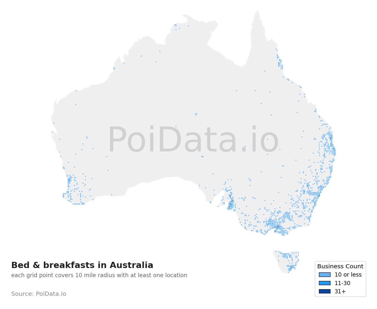 Bed & breakfast density map for Australia