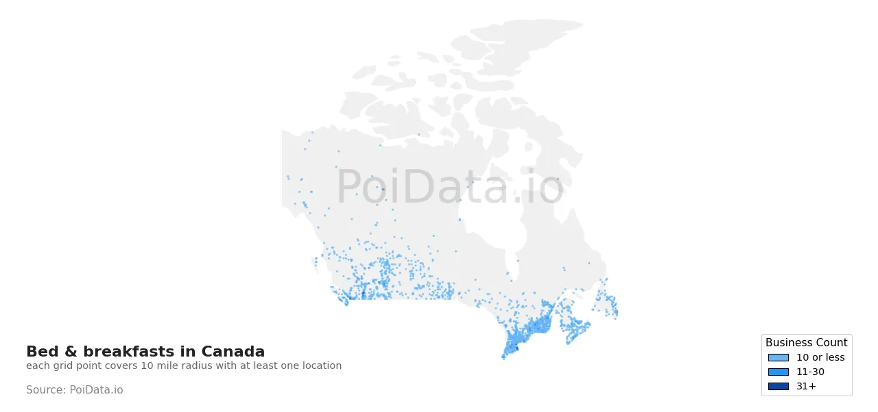 Bed & breakfast density map for Canada