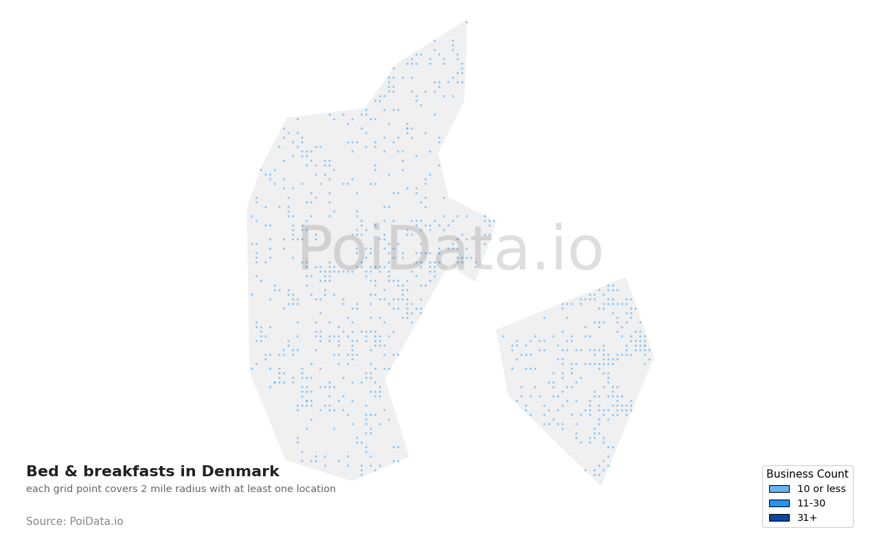 Bed & breakfast density map for Denmark