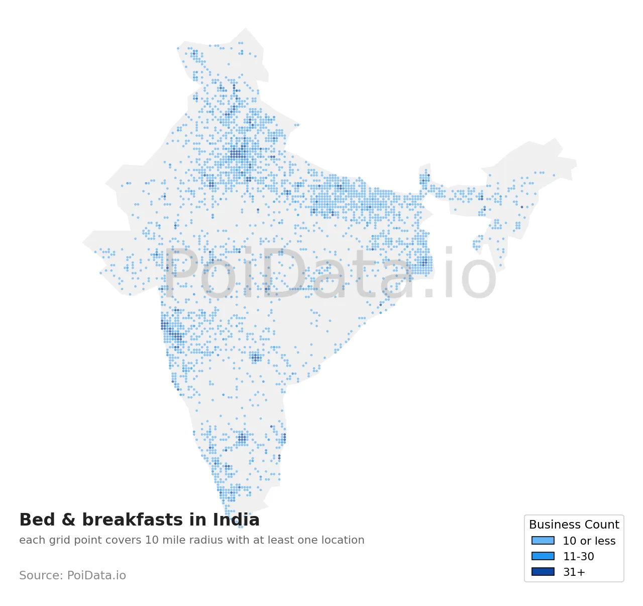 Bed & breakfast density map for India