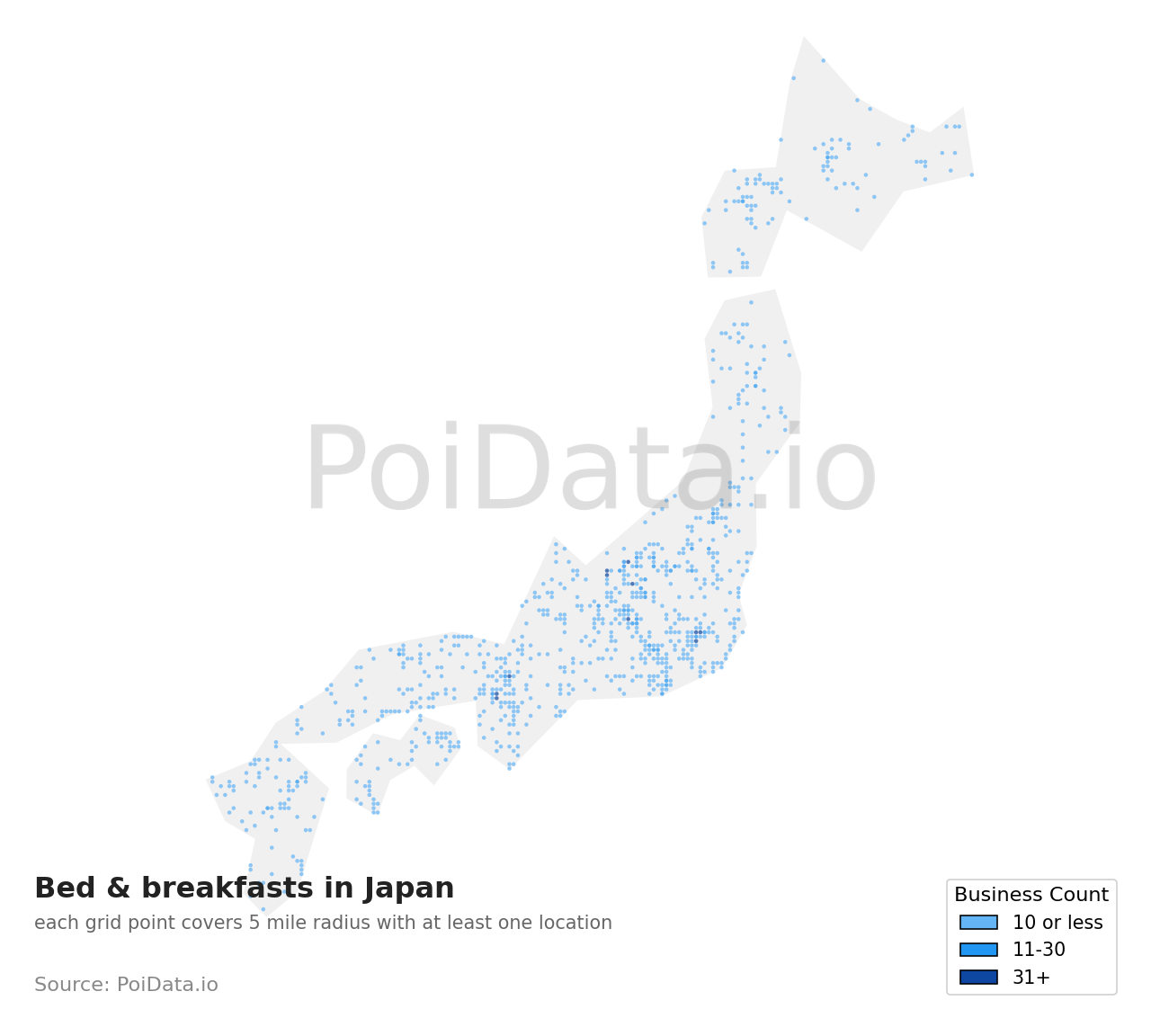 Bed & breakfast density map for Japan