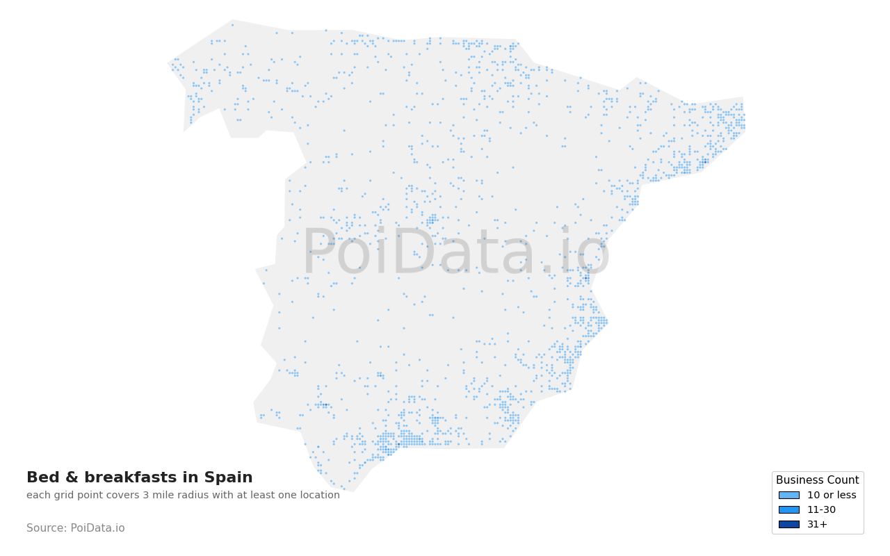 Bed & breakfast density map for Spain