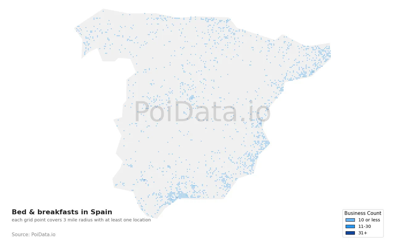 Bed & breakfast density map for Spain