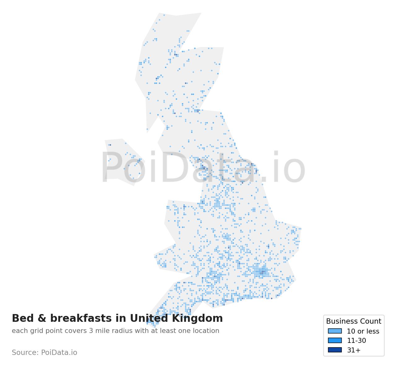 Bed & breakfast density map for United Kingdom