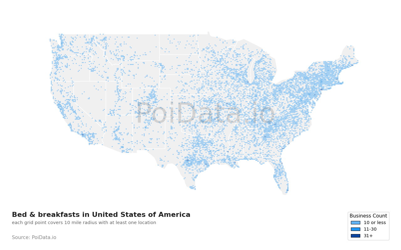 Bed & breakfast density map for United States