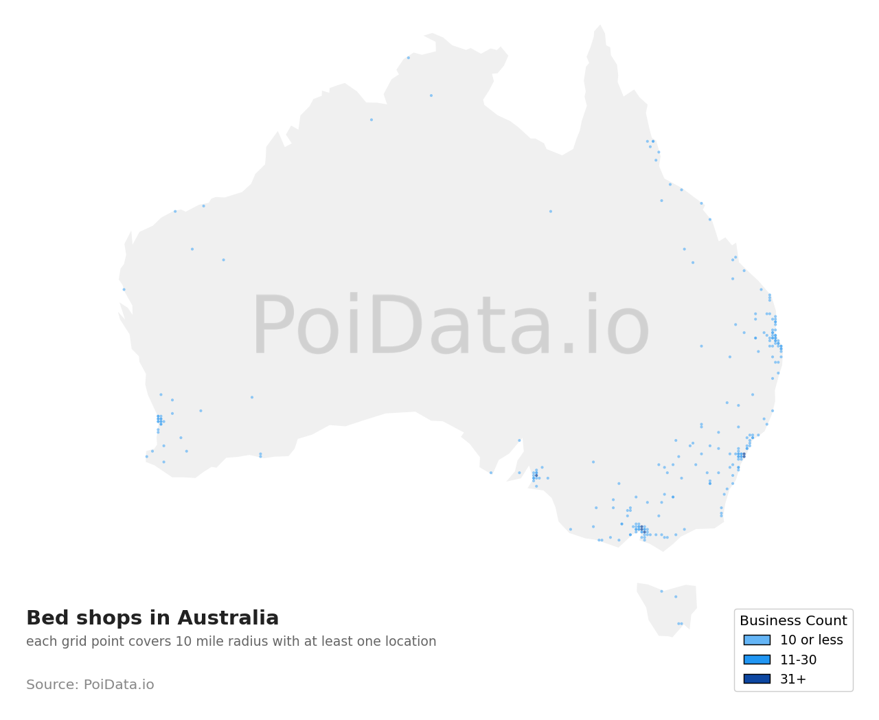 Bed shop density map for Queensland, Australia
