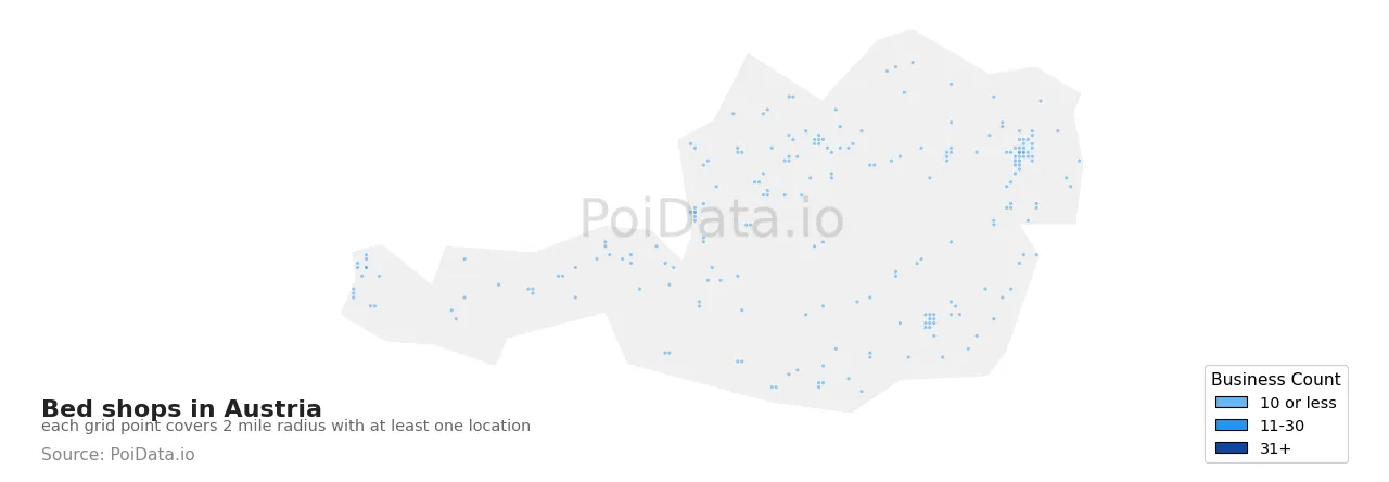 Bed shop density map for Austria