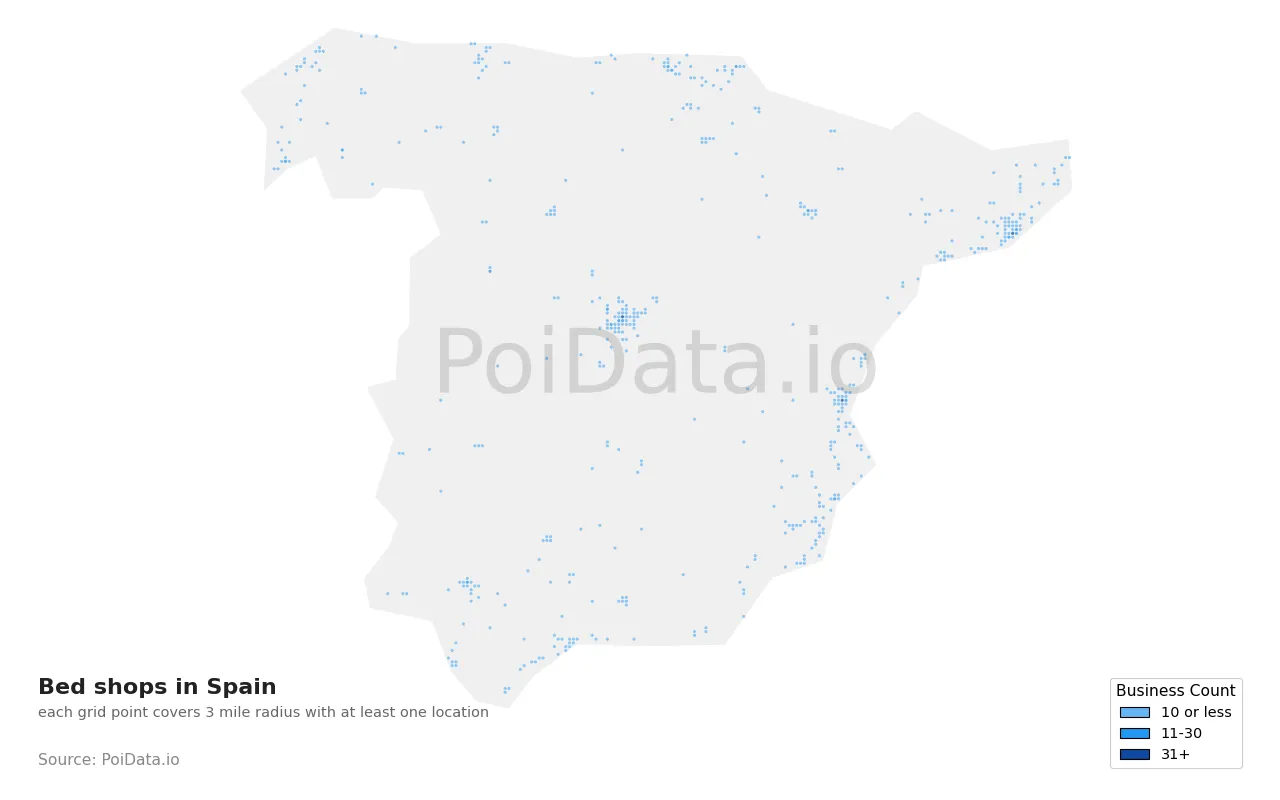 Bed shop density map for Spain