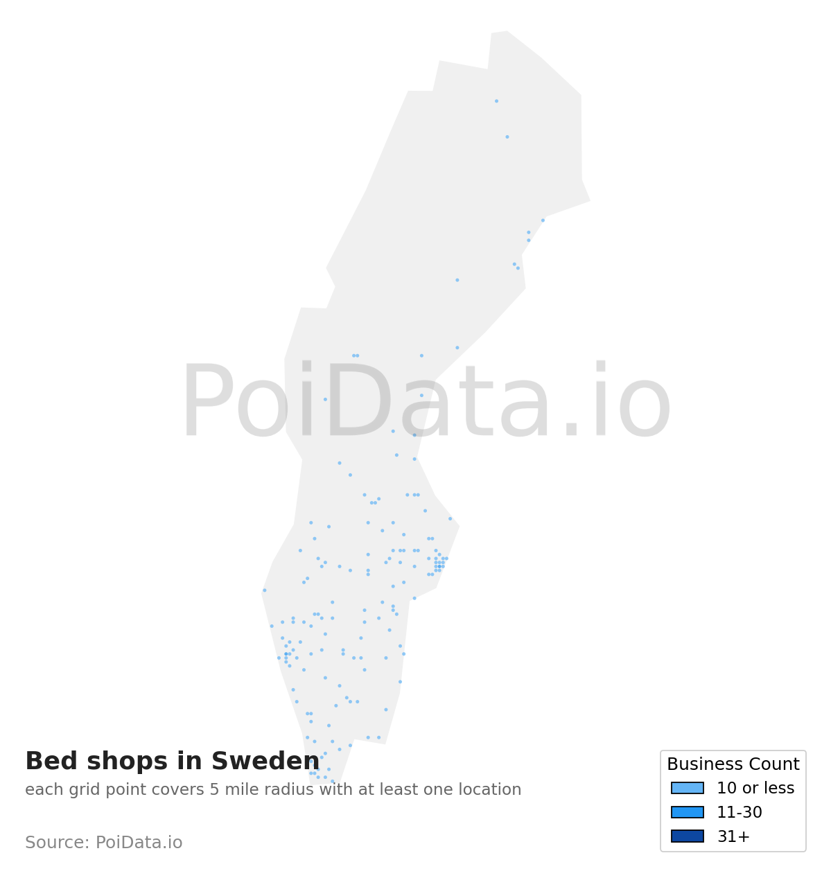 Bed shop density map for Sweden