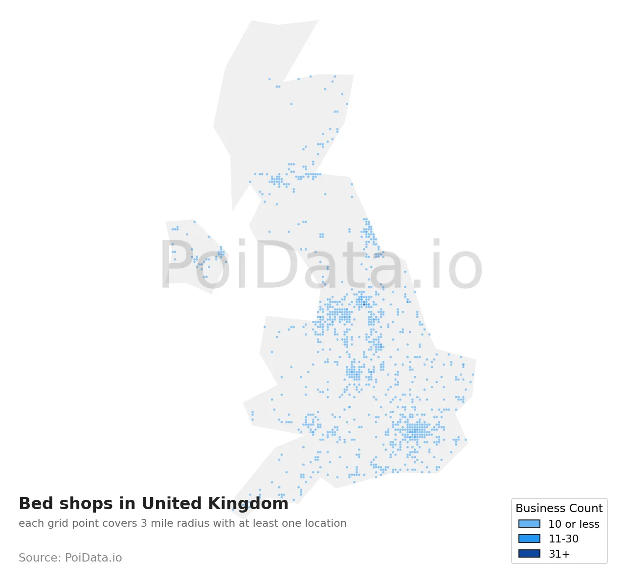 Bed shop density map for United Kingdom