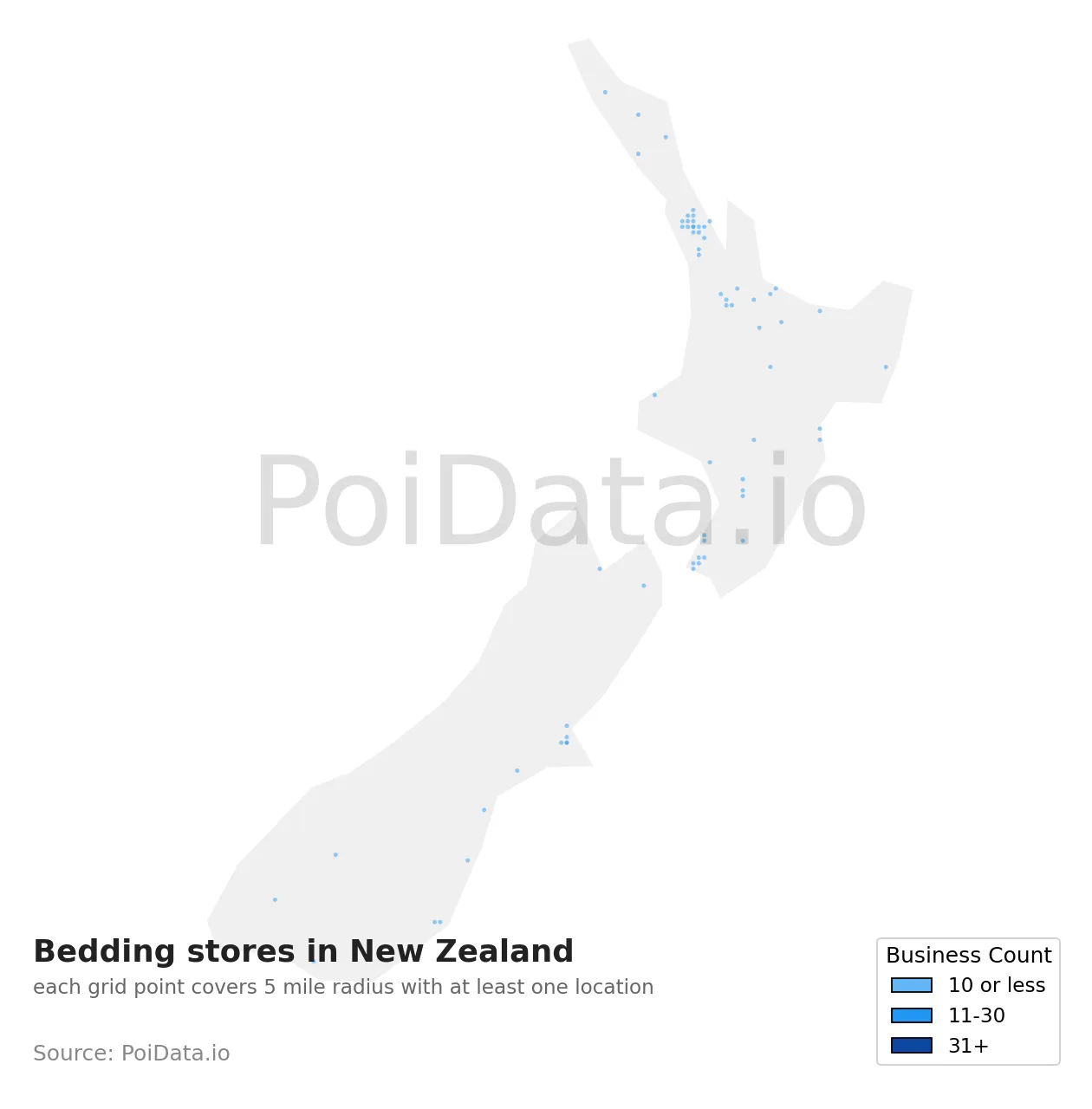 Bedding store density map for New Zealand