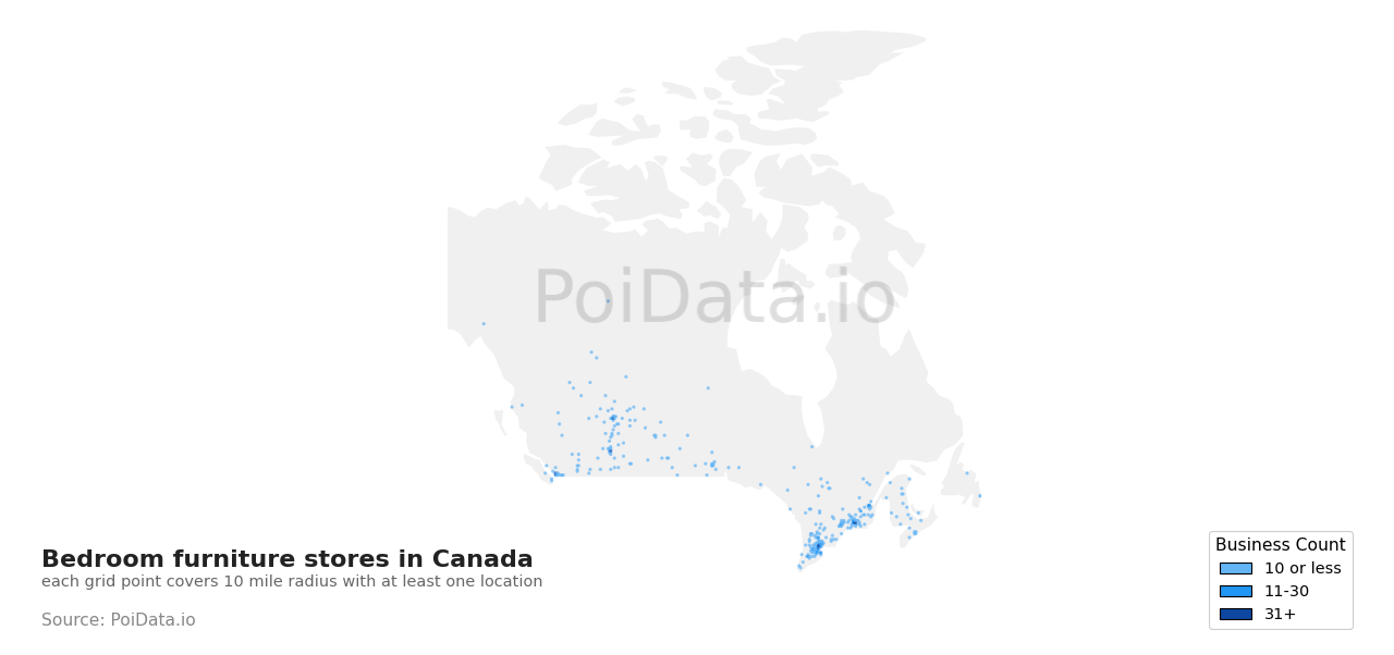 Bedroom furniture store density map for Canada