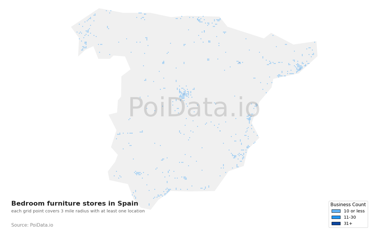 Bedroom furniture store density map for Spain
