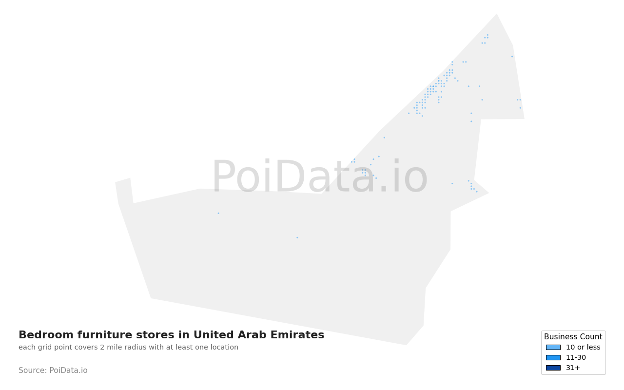 Bedroom furniture store density map for United Arab Emirates