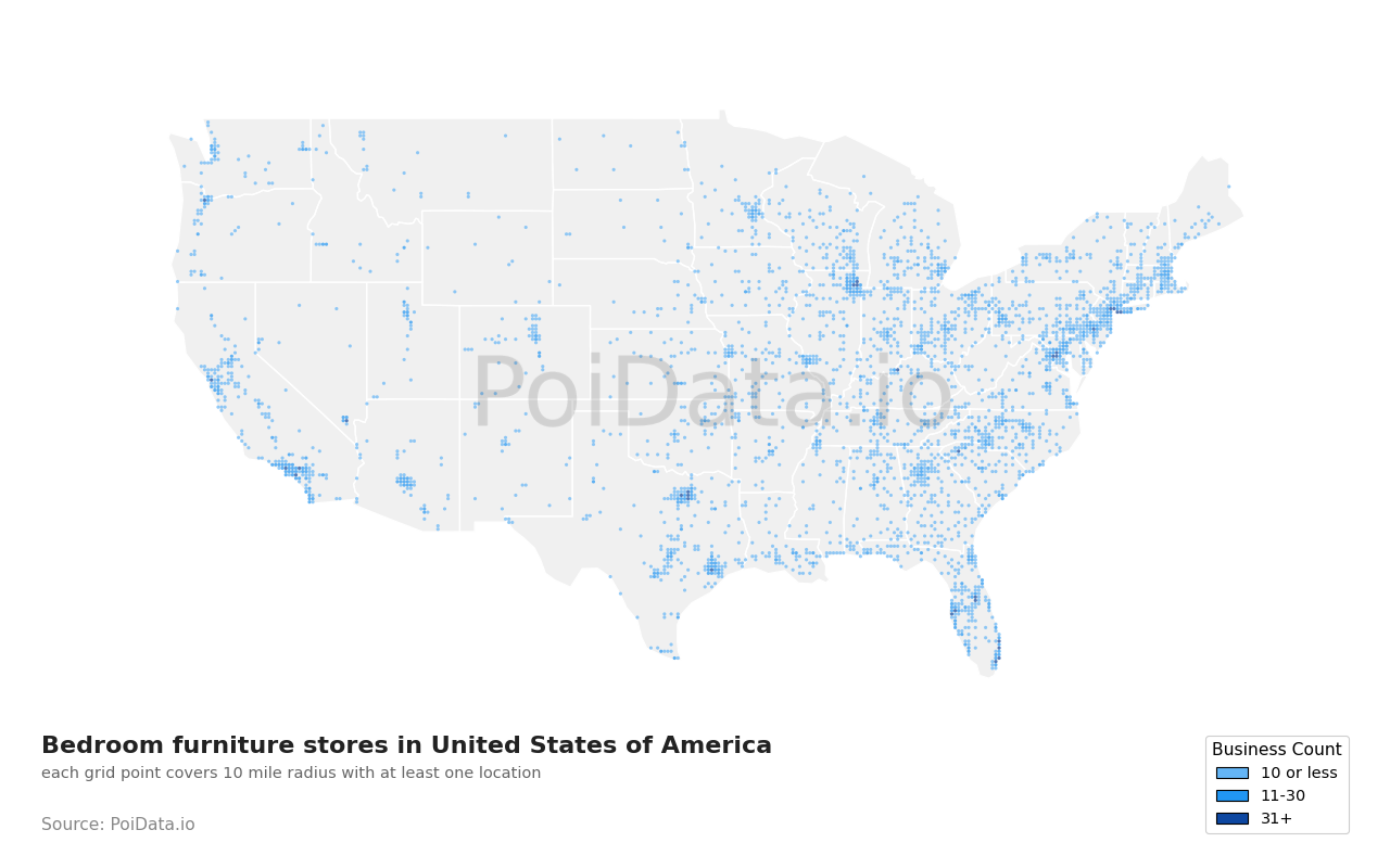 Bedroom furniture store density map for North Carolina, United States