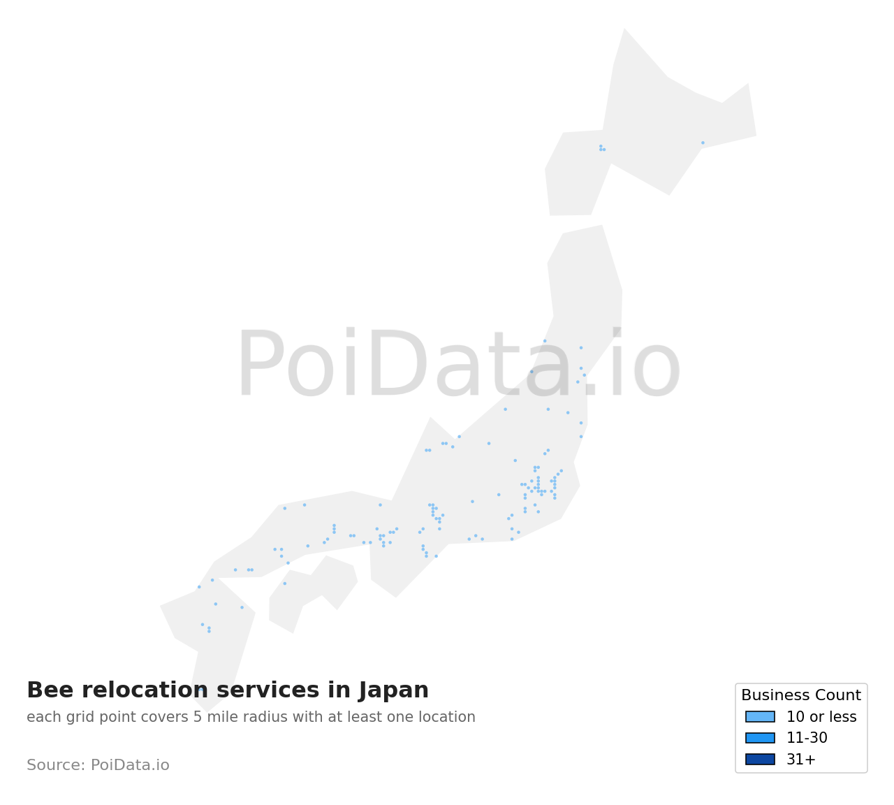 Bee relocation service density map for Japan