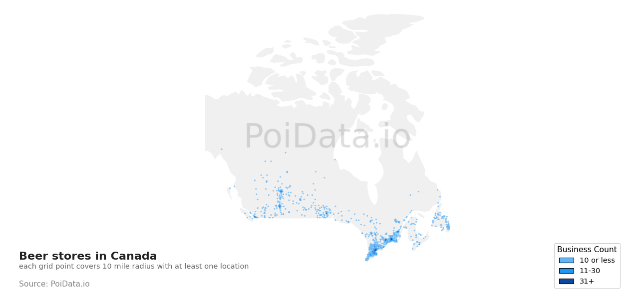 Beer store density map for New Brunswick, Canada