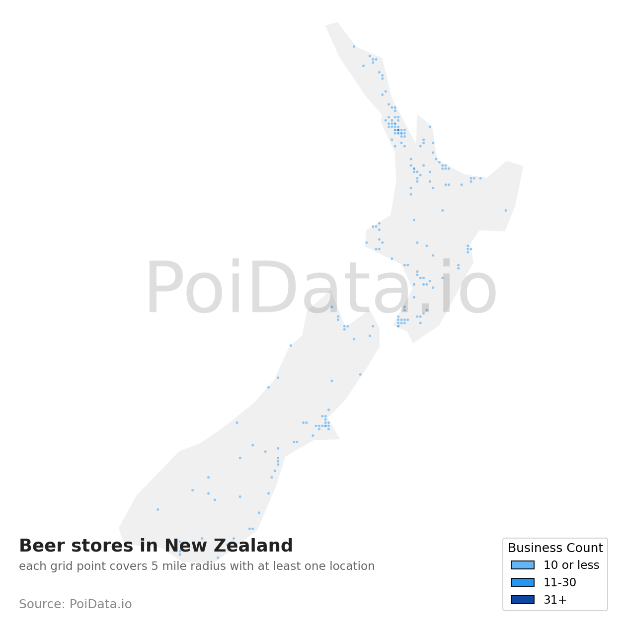 Beer store density map for New Zealand
