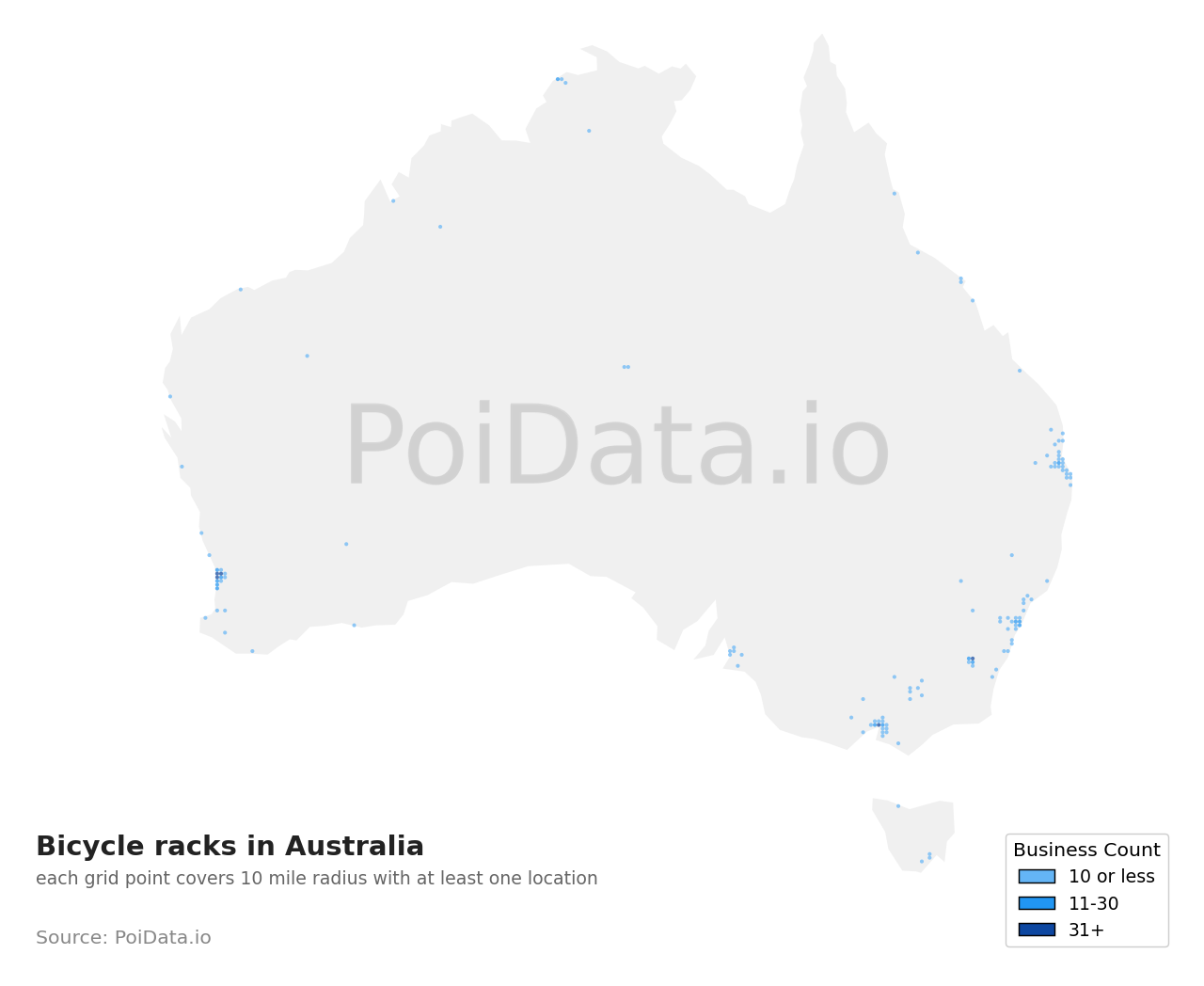 Bicycle rack density map for Tasmania, Australia