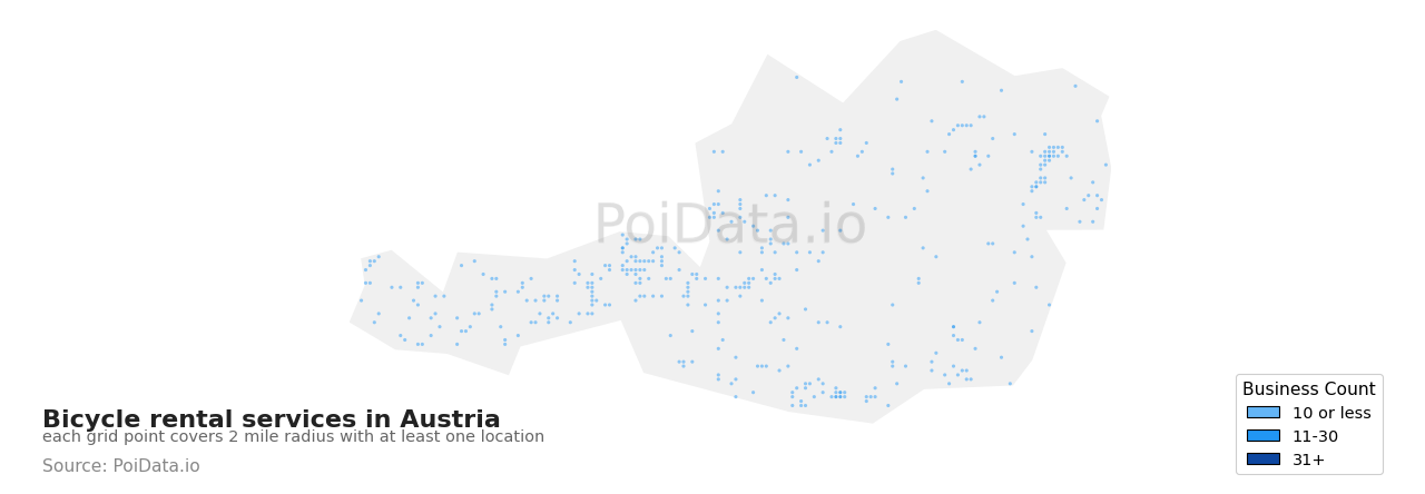 Bicycle rental service density map for Austria
