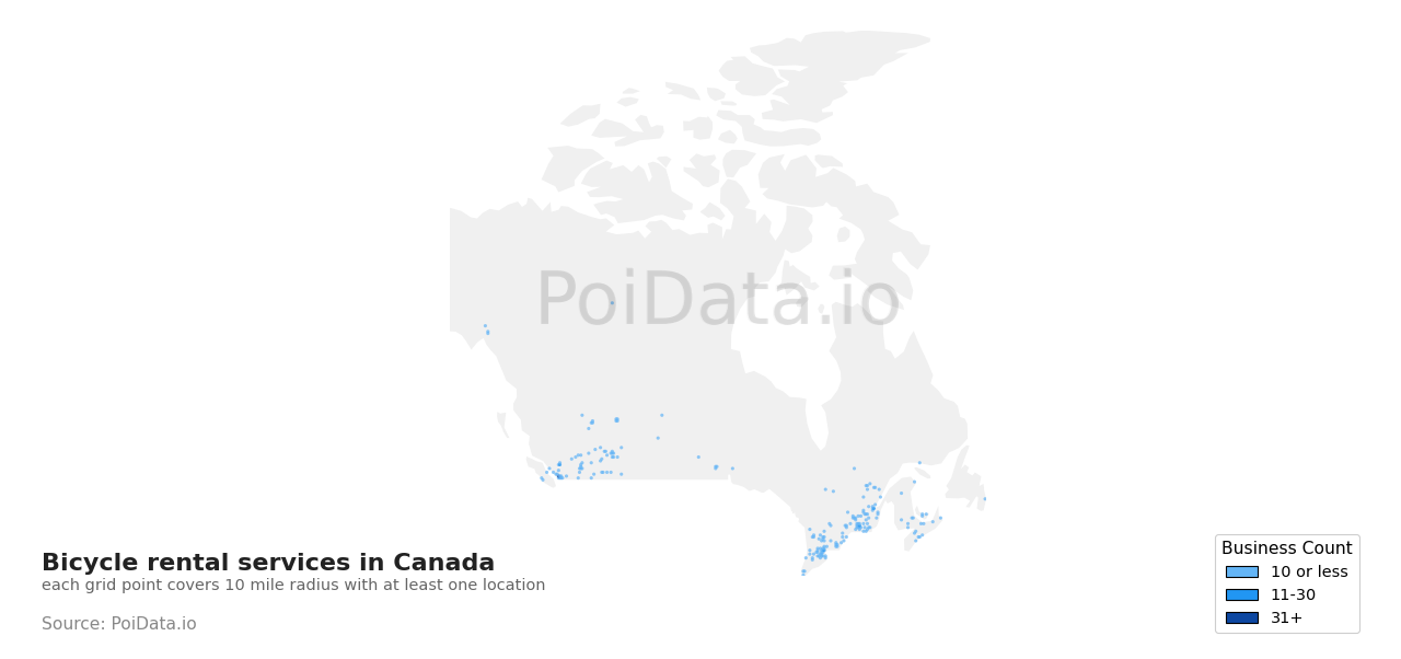 Bicycle rental service density map for British Columbia, Canada