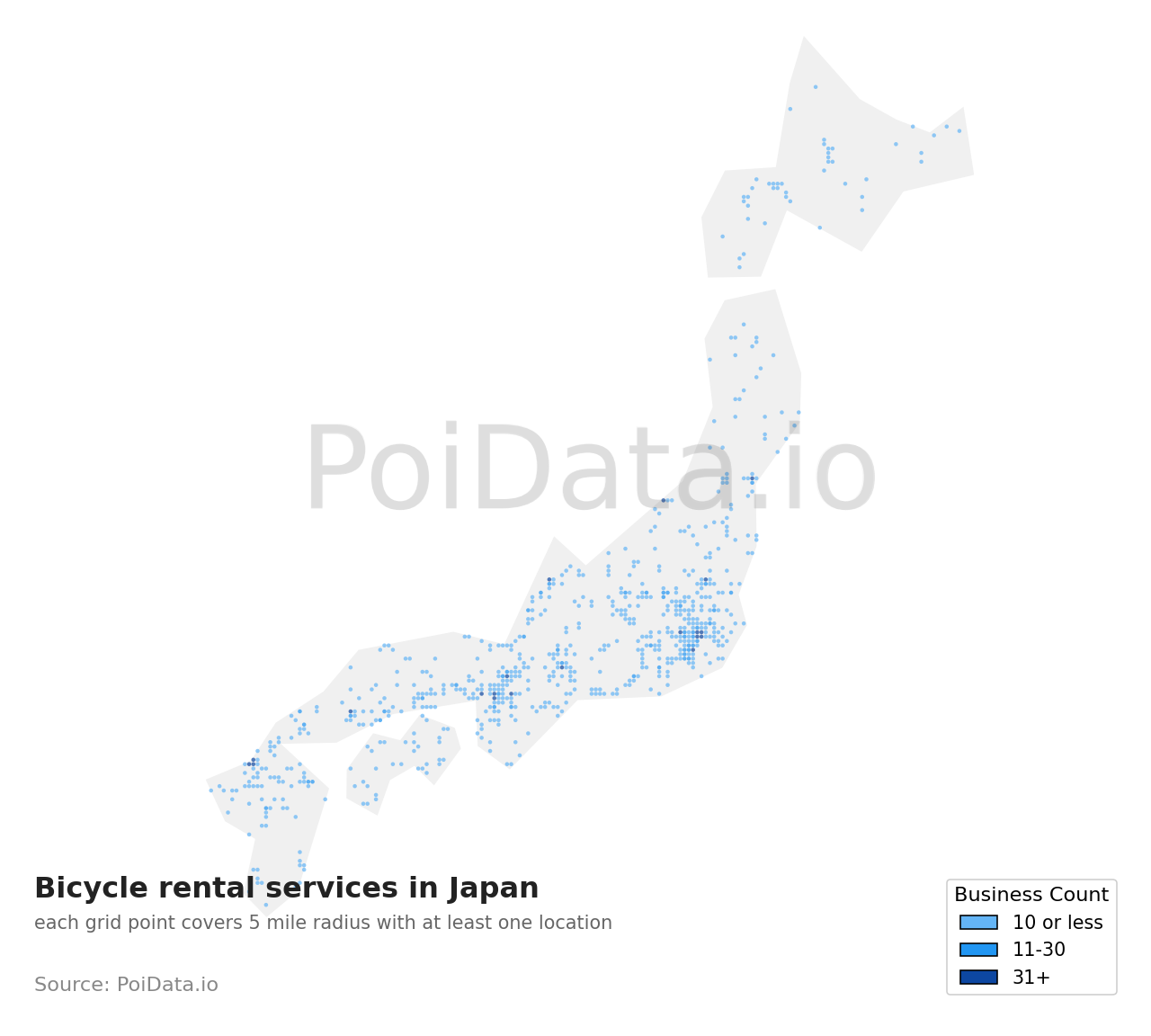Bicycle rental service density map for Japan