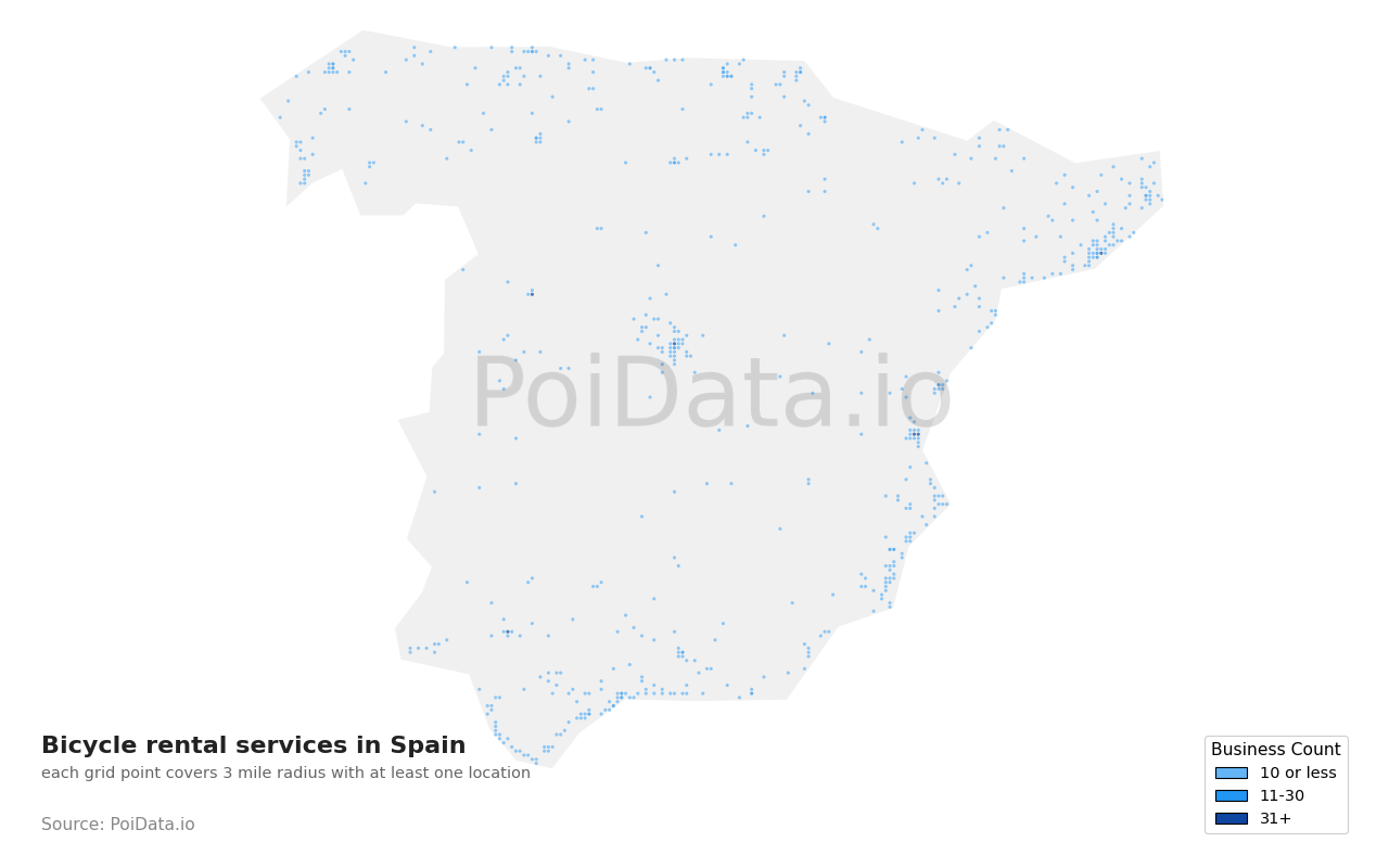 Bicycle rental service density map for Spain